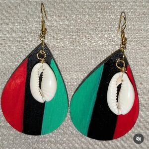 Hand Painted Cowrie Shell Earrings in Green, Black & Red